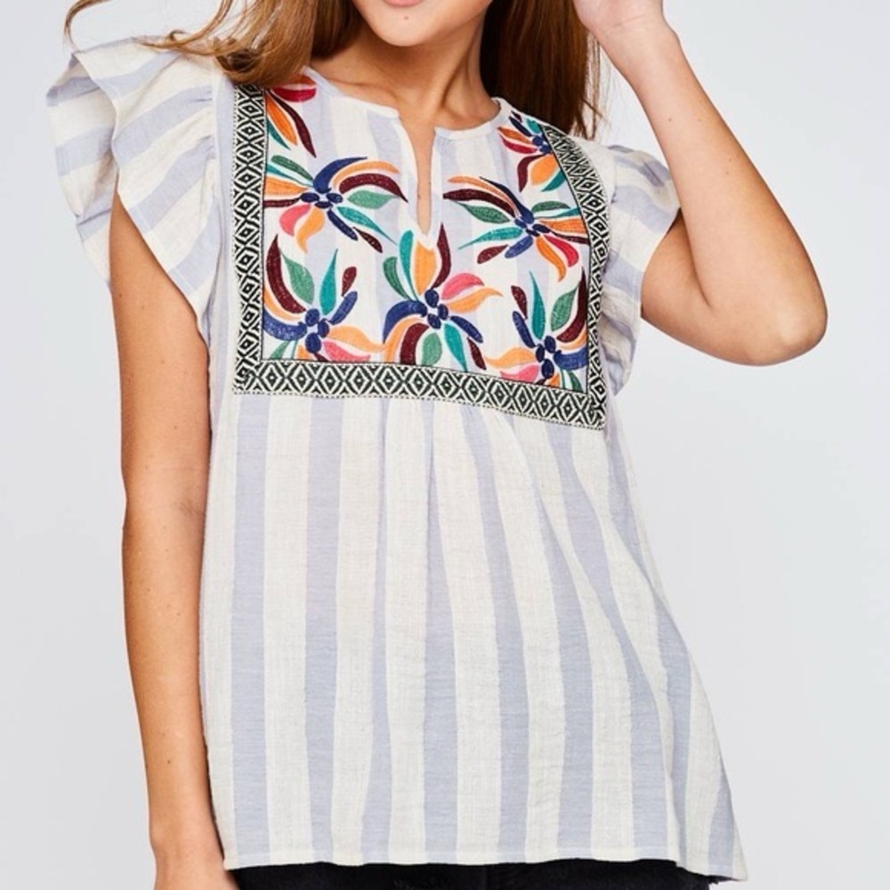 Embroidered Striped Ruffle Sleeve Cotton Blouse Spring Color - Picture 2 of 6